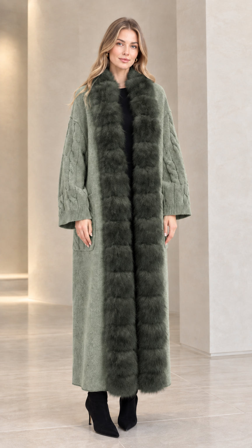 Front view of sage green faux fur trim maxi cable knit duster coat