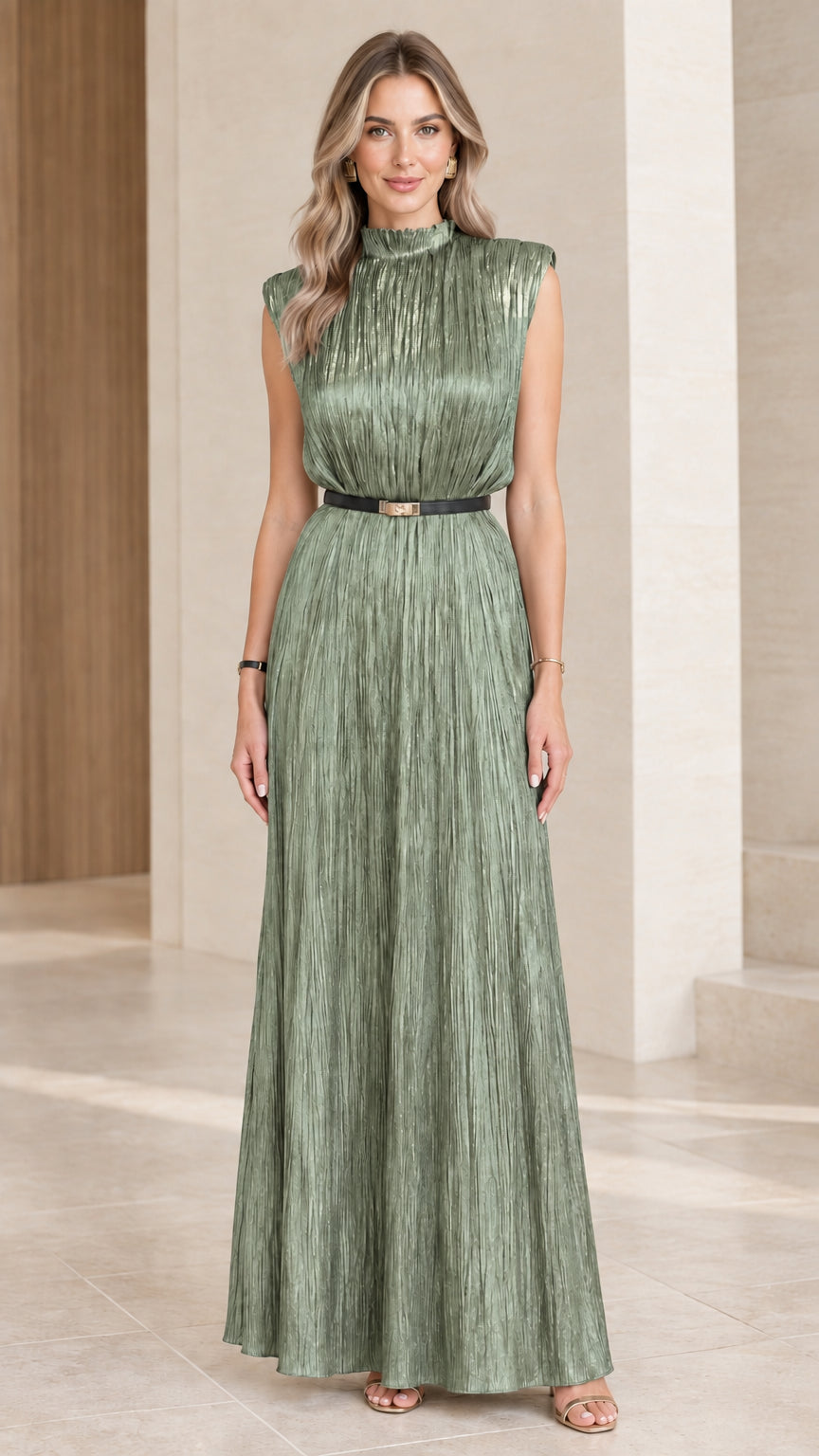 Model wearing sage green pleated metallic high-neck maxi dress