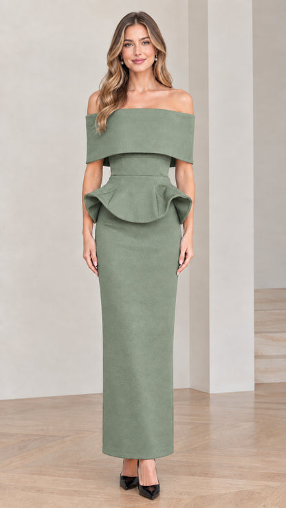 Sage green off-the-shoulder peplum column evening dress