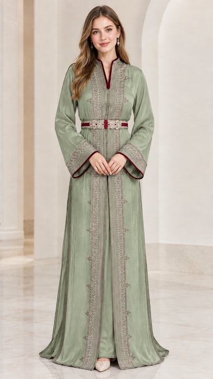 Front view of sage green embroidered Moroccan kaftan maxi dress with belt