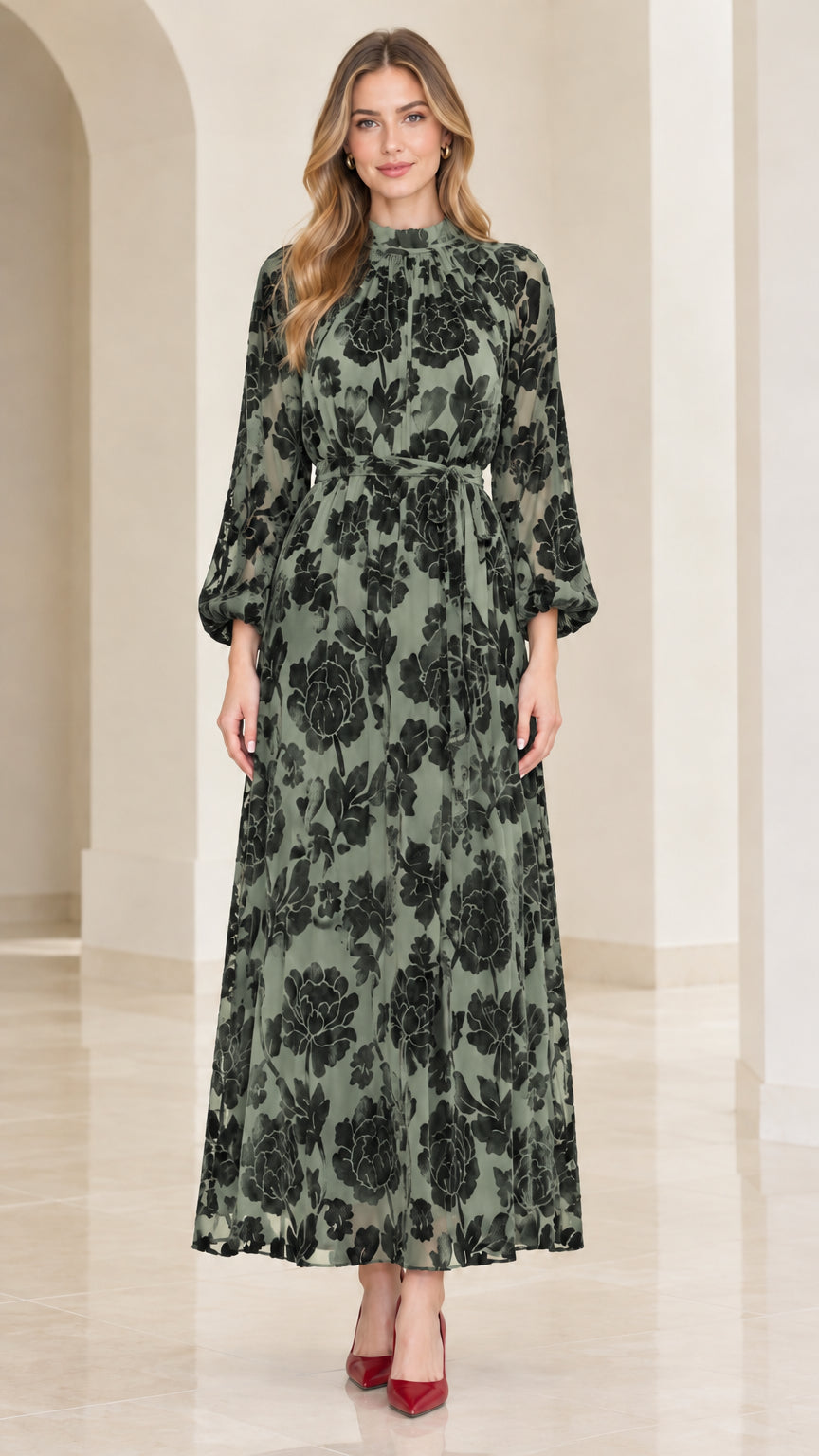 Front view of model wearing sage green floral velvet burnout maxi dress