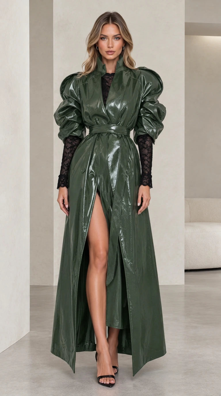 Forest green high shine patent maxi trench coat dress