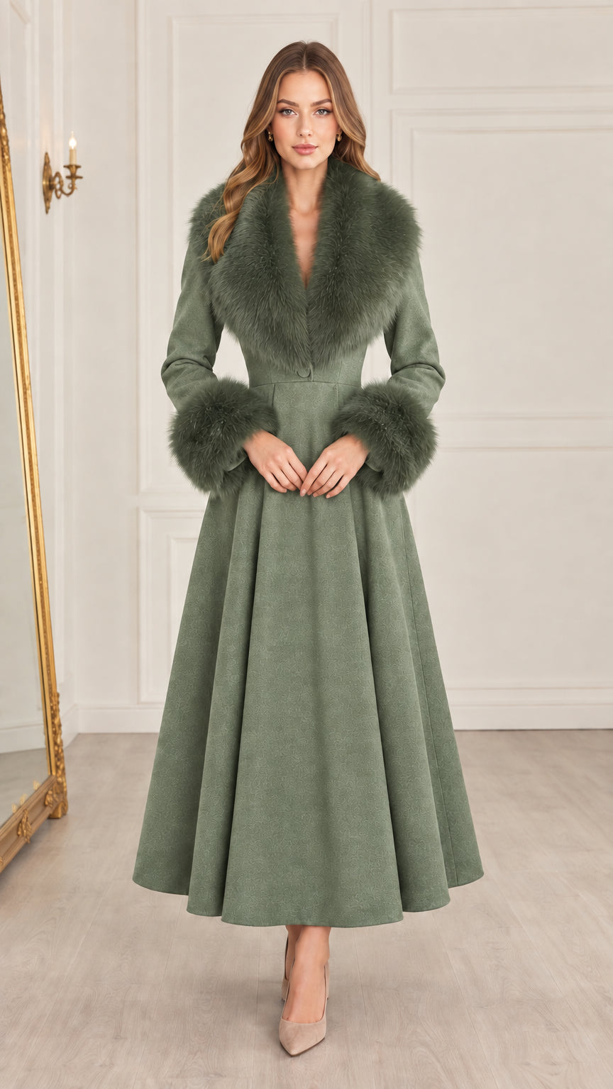 Front view of sage green maxi coat with plush faux fur collar and cuffs