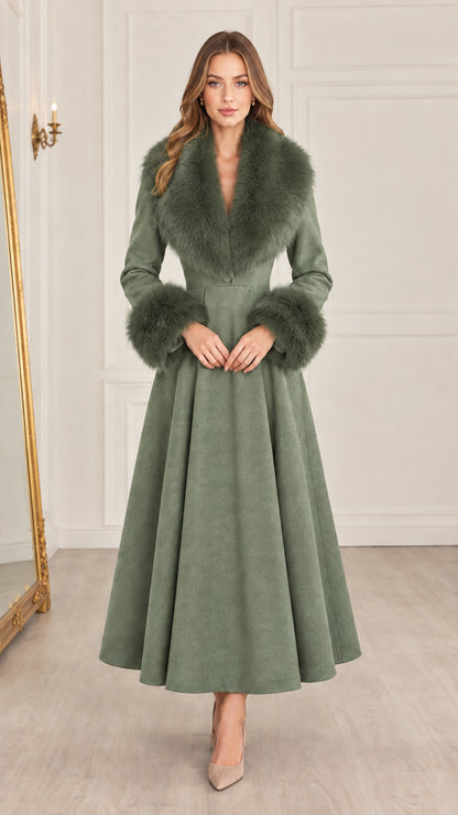 Front view of sage green maxi coat with plush faux fur collar and cuffs