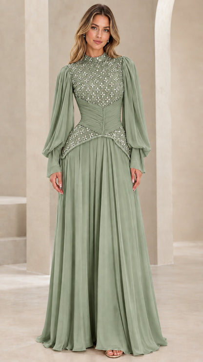Sage green high neck long sleeve embellished evening maxi dress