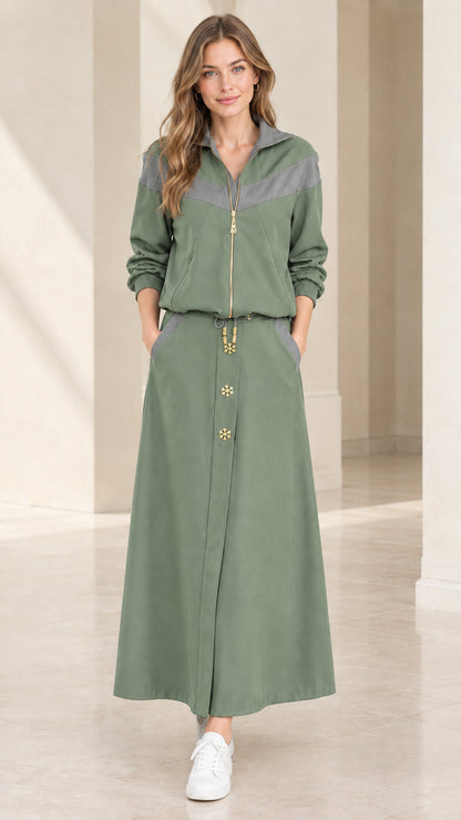 Full front view of sage green chevron colorblock two-piece maxi set