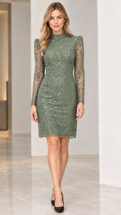 Front view of sage green sequin lace long sleeve mock neck cocktail dress