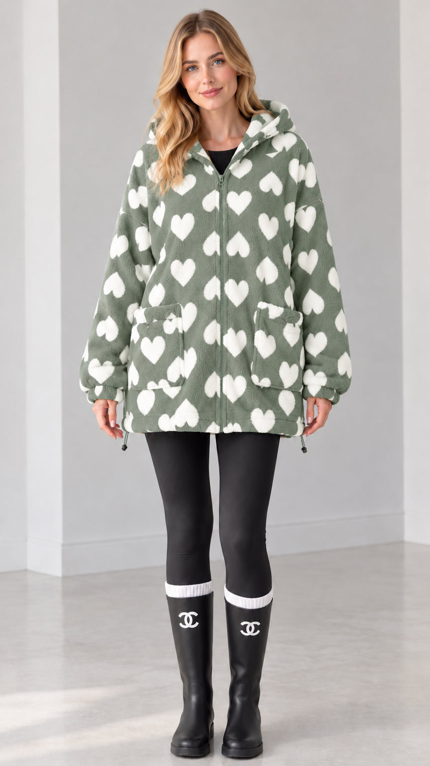 Sage green and white heart pattern fleece jacket with hood