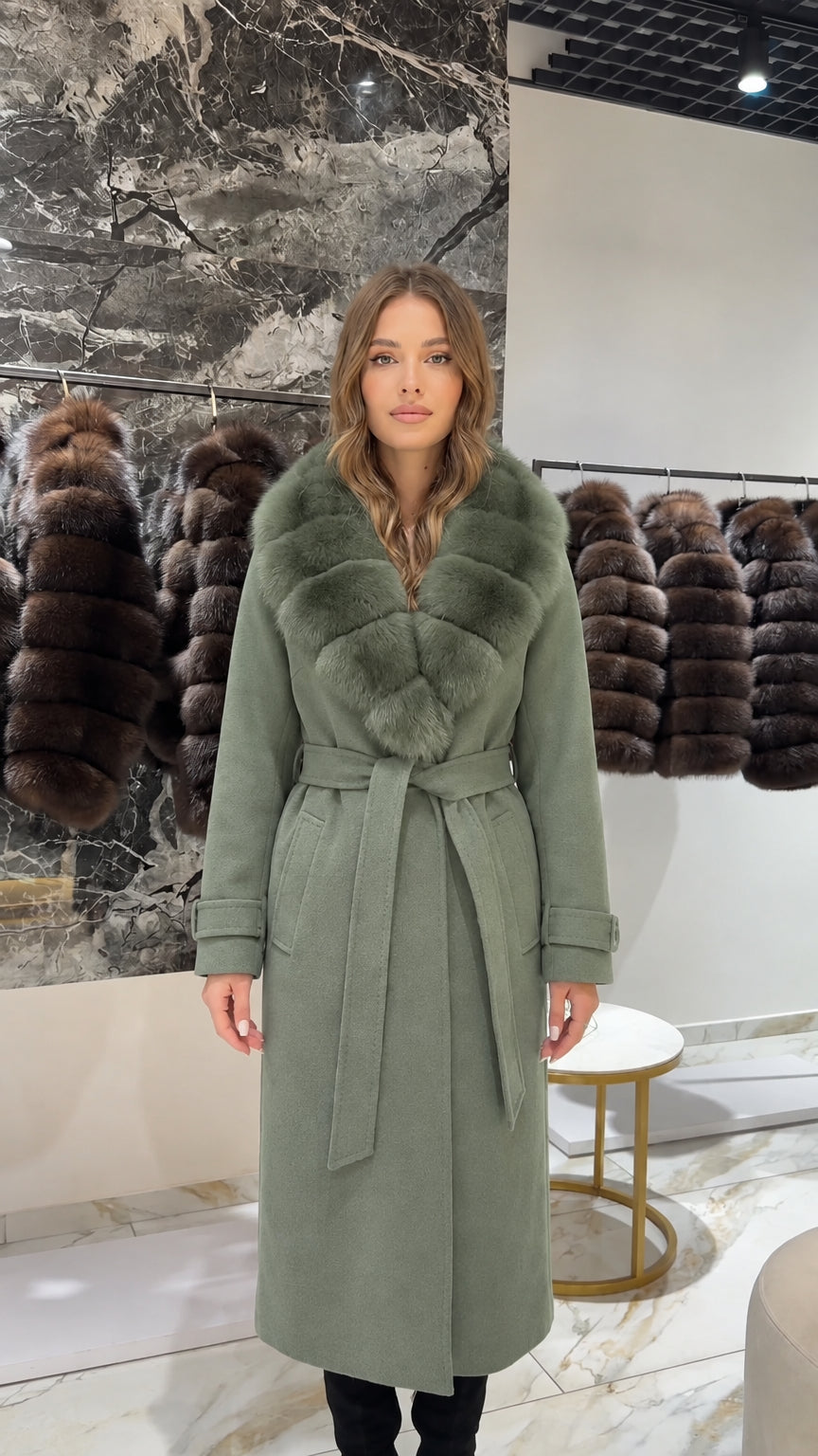 Front view of woman wearing a sage green long coat with tonal faux fur collar