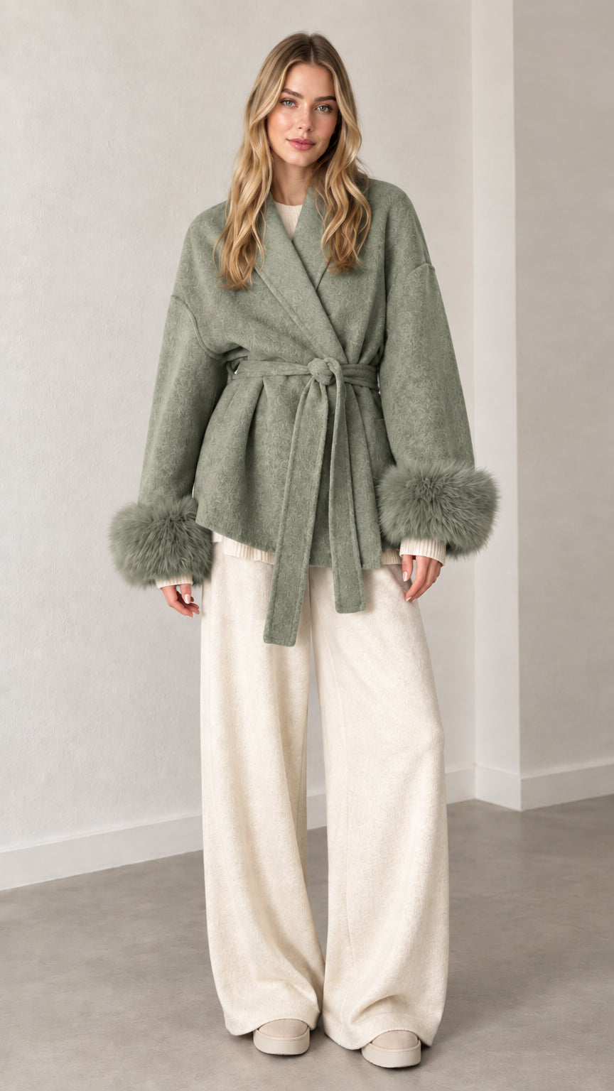 Front view of sage green belted short wrap coat with faux fur cuffs