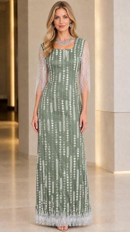Front view of sage green embellished floor-length gown with shimmering fringe sleeves