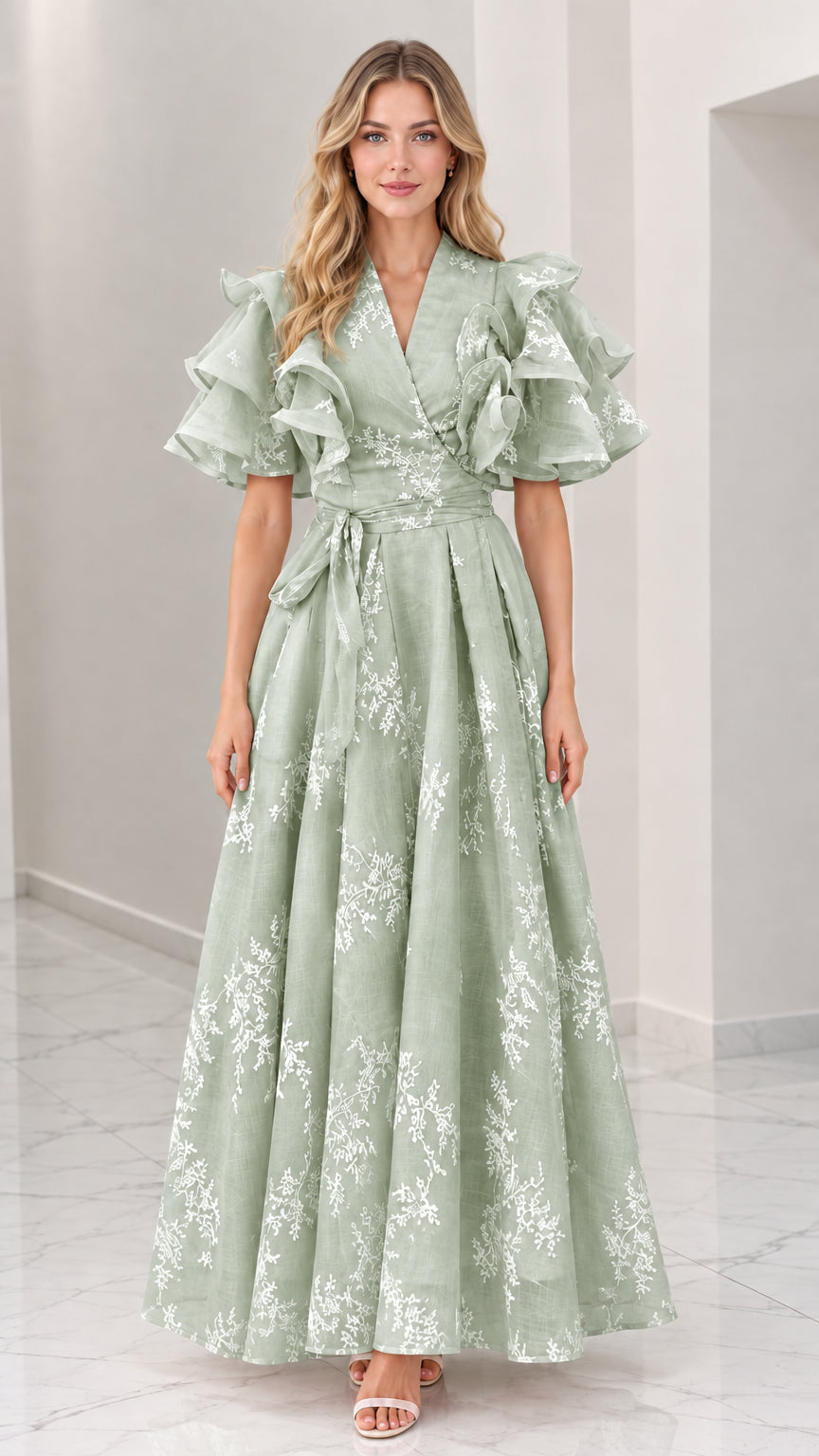 Front full-length view of sage green floral embroidered maxi dress with tiered ruffle sleeves