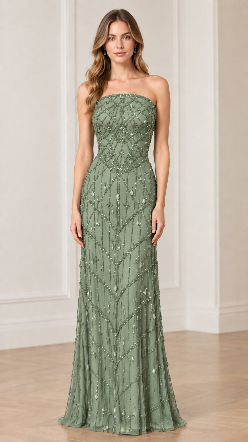 Strapless beaded formal maxi dress in sage green front view