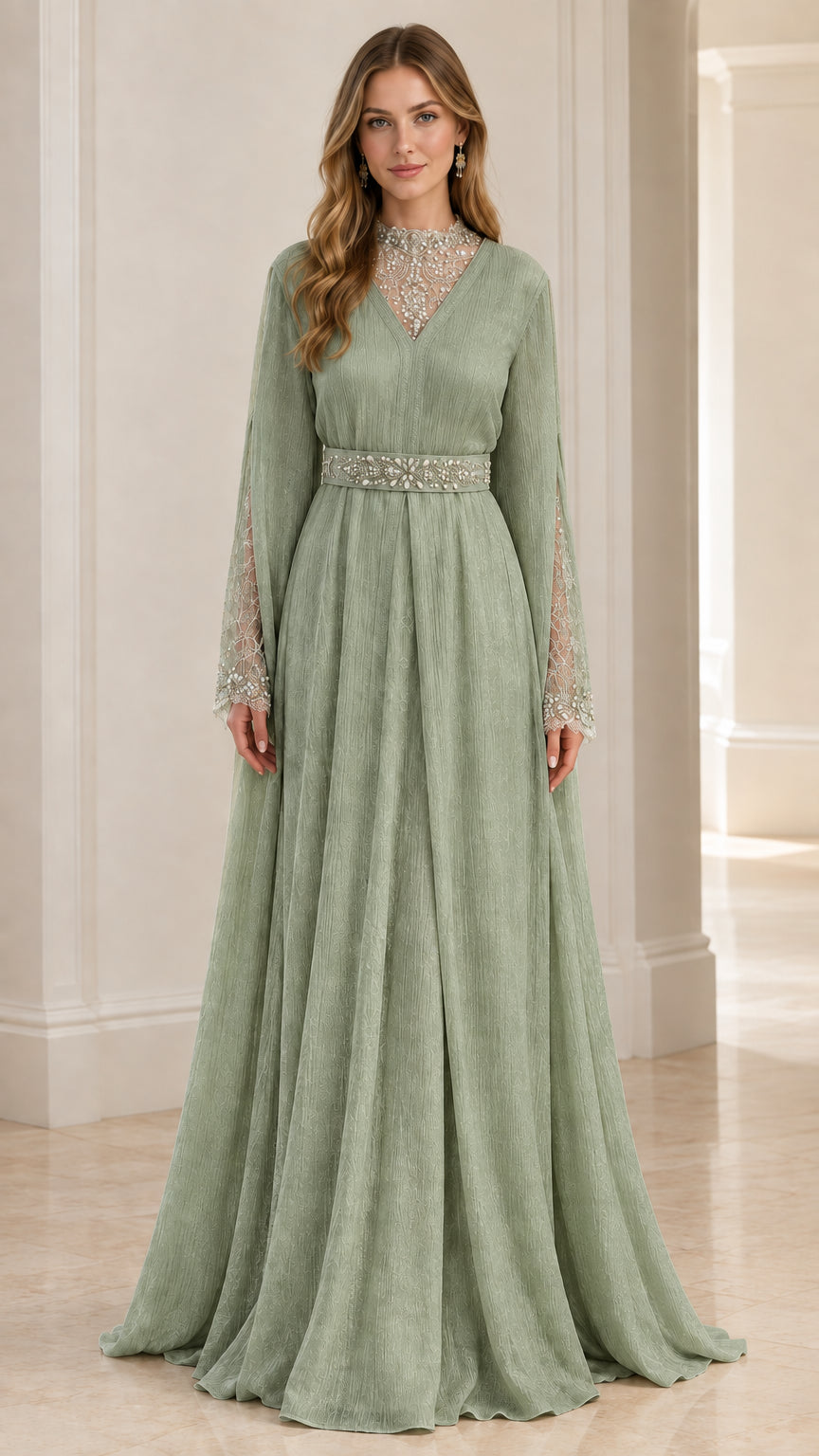 Full front view of sage green beaded illusion neckline evening gown
