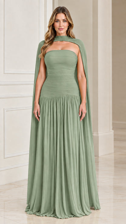 Sage Green pleated and ruched evening dress with elegant capelet overlay