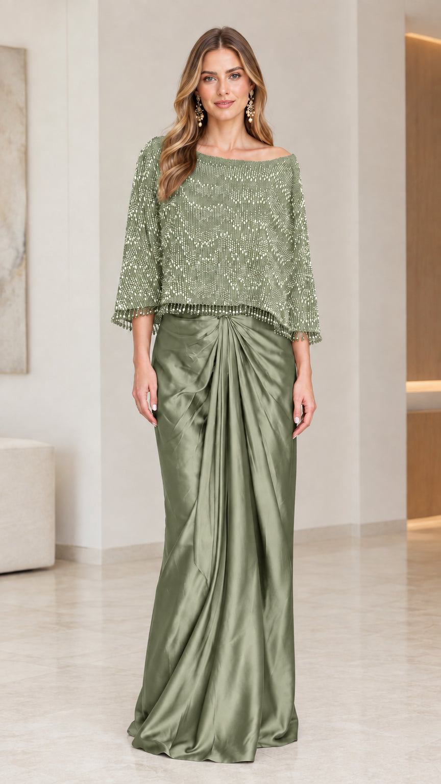 Full-length view of the formal evening gown in Sage Green