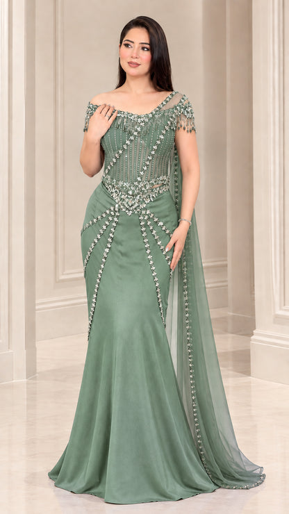 Full-length view of Sage Green embellished off-shoulder mermaid formal gown