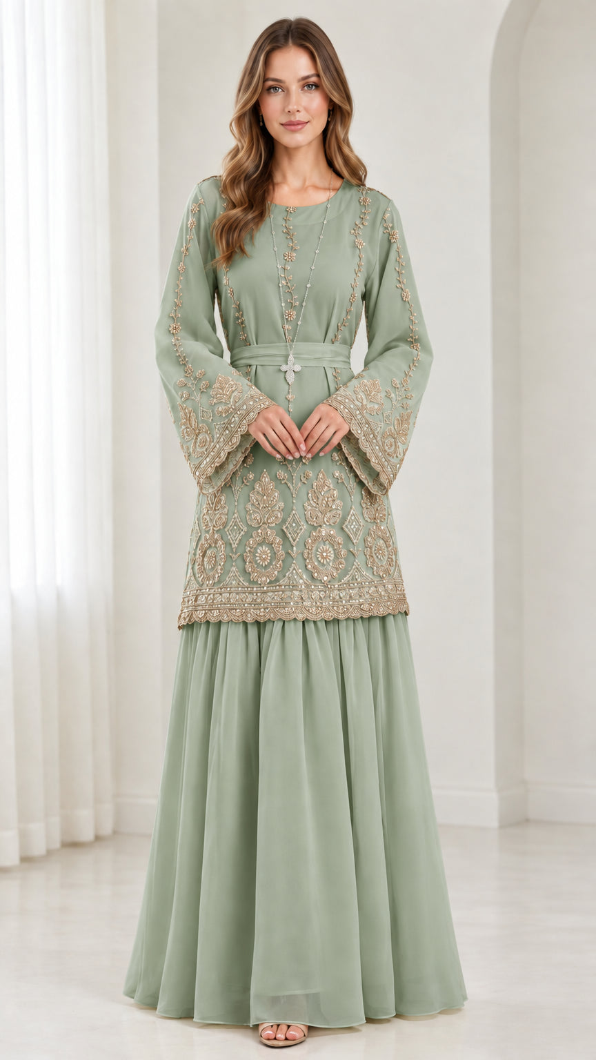 Sage green modest embroidered bell sleeve tunic and floor-length skirt set