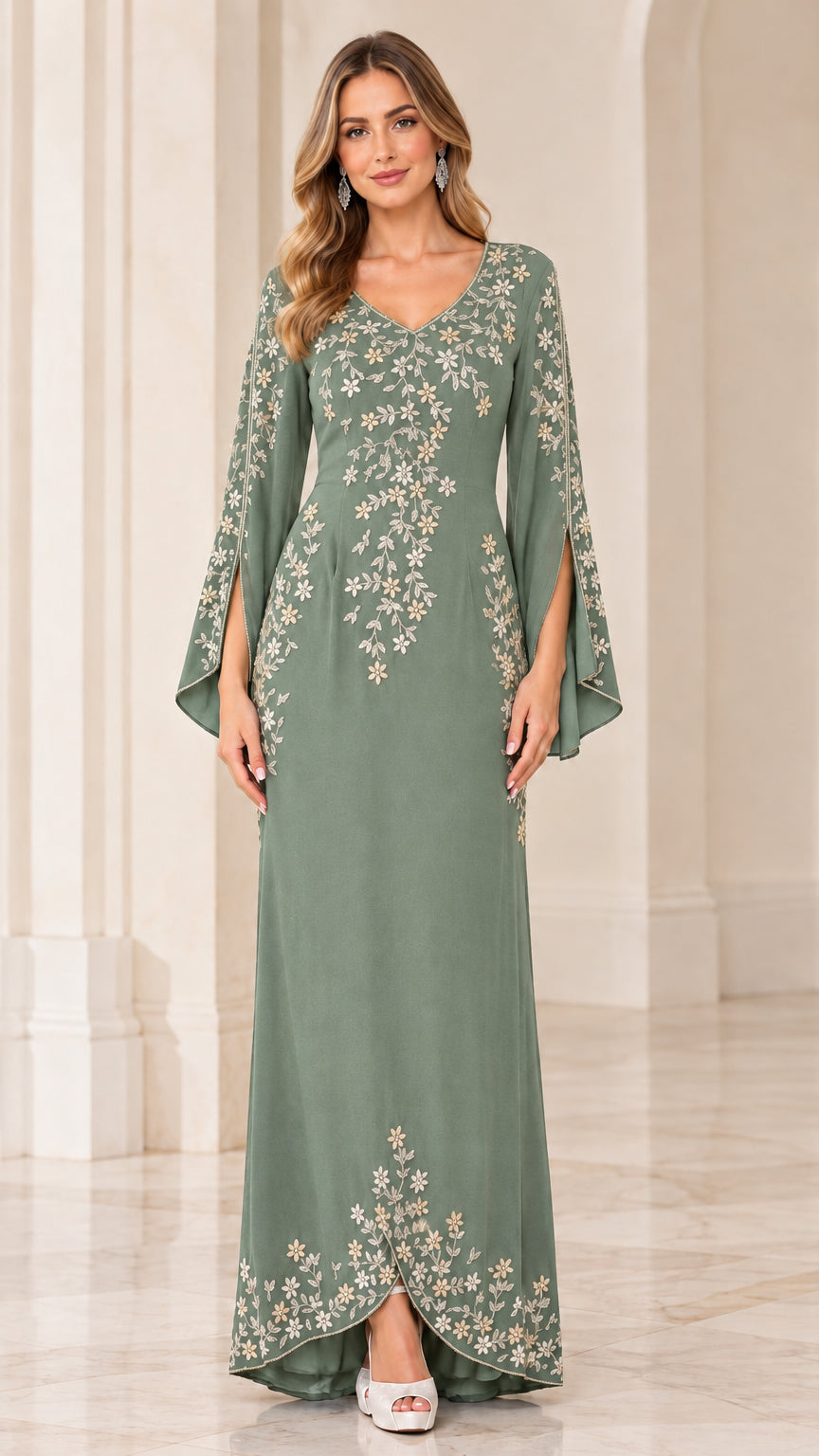 Front view of model wearing Sage Green floral embellished maxi evening gown