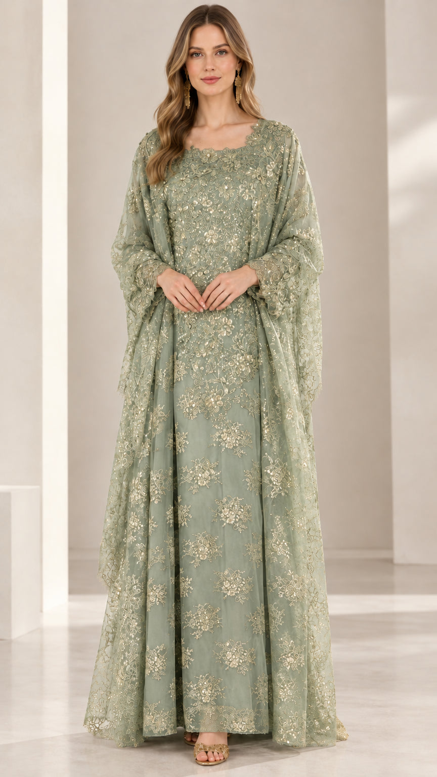 Front view of sage green floral embroidered sequin formal kaftan dress