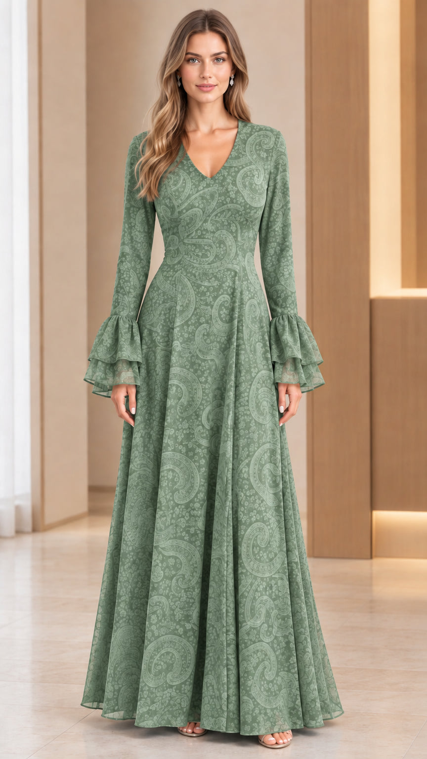 Front full-length view of sage green jacquard long sleeve dress