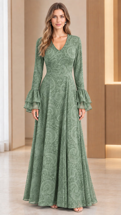 Front full-length view of sage green jacquard long sleeve dress