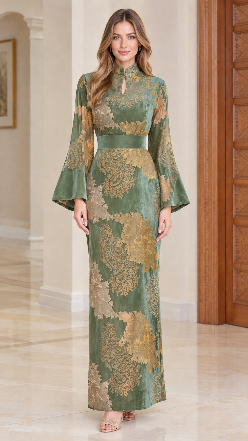 Full-length sage green floral jacquard velvet evening maxi dress
