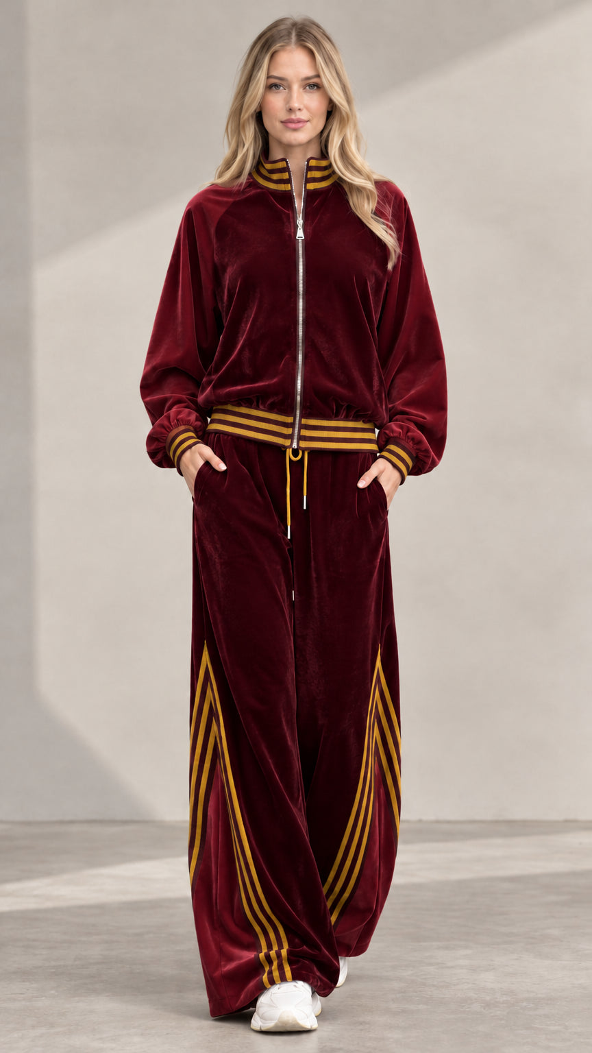 Women's burgundy and gold striped velvet tracksuit set