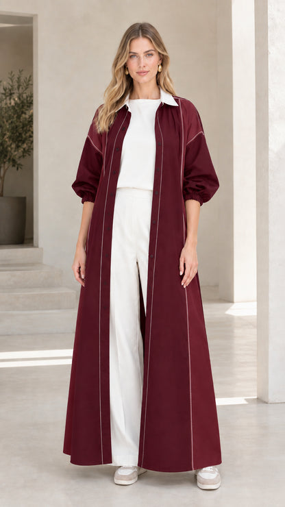 Burgundy wine red colorblock maxi duster shirt dress on model