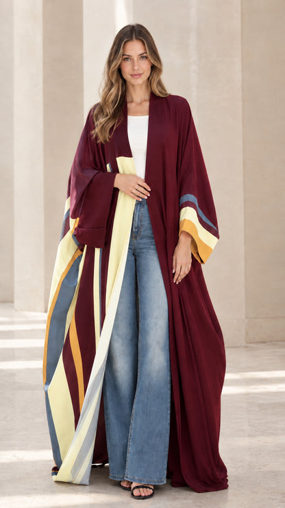 Full-length front view of burgundy wine colorblock open-front kimono abaya