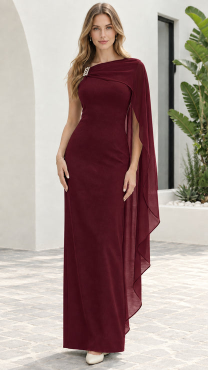 Front view of Burgundy floor-length formal evening gown with cape drape