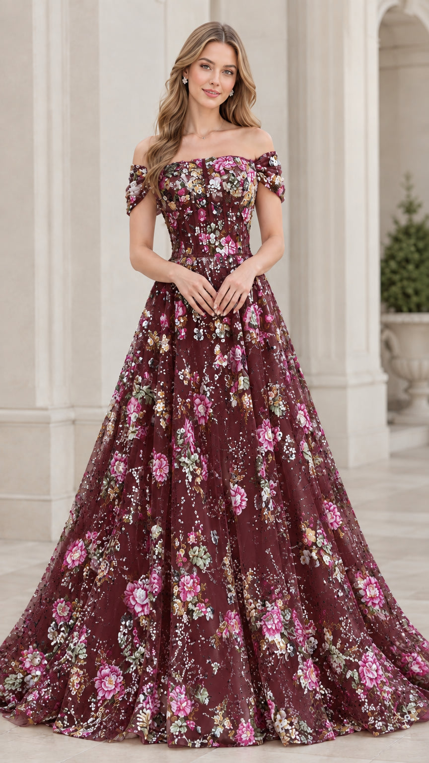 Model wearing Burgundy floral sequin off-the-shoulder evening gown