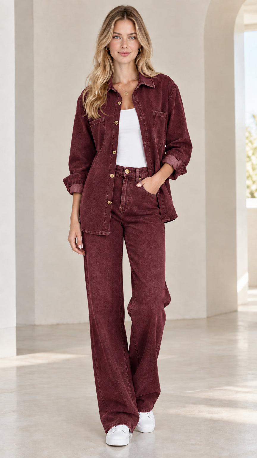 Model wearing rich burgundy washed two-piece casual matching outfit