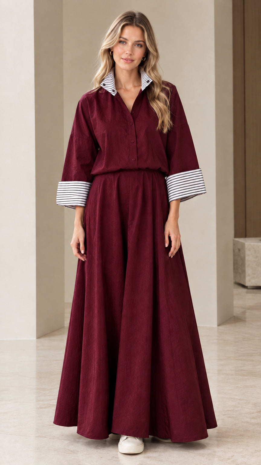 Burgundy wine red button-up shirt and maxi skirt coordinating set