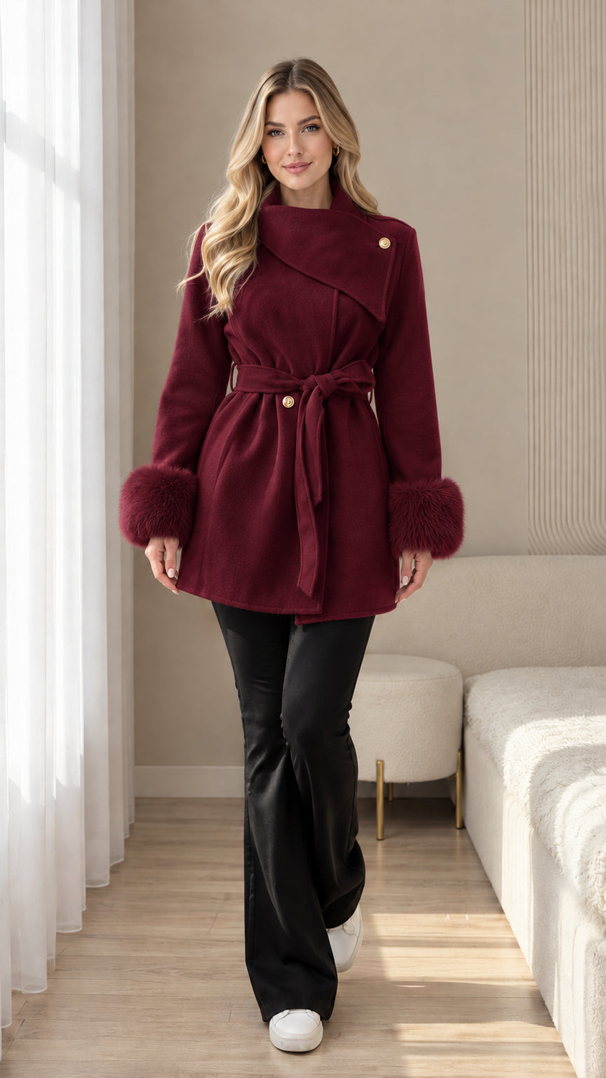 Front view of burgundy belted coat with faux fur cuffs