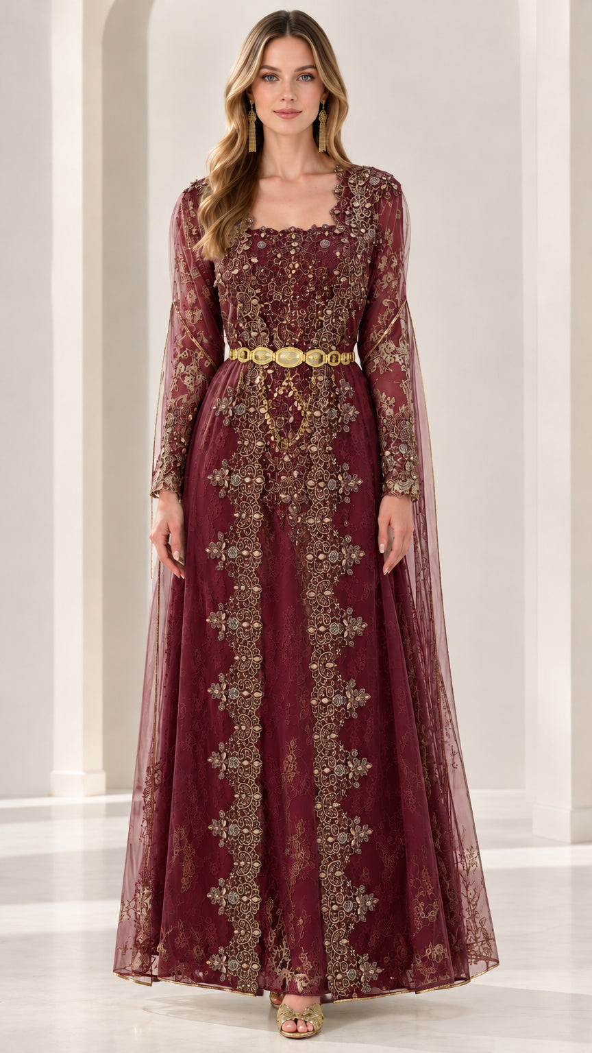 Burgundy red embroidered lace evening dress with flowing silhouette