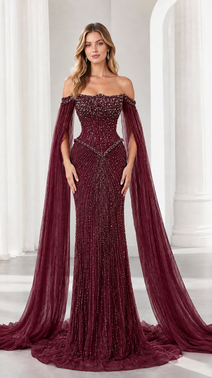 Burgundy wine red off-the-shoulder beaded formal dress with cape sleeves