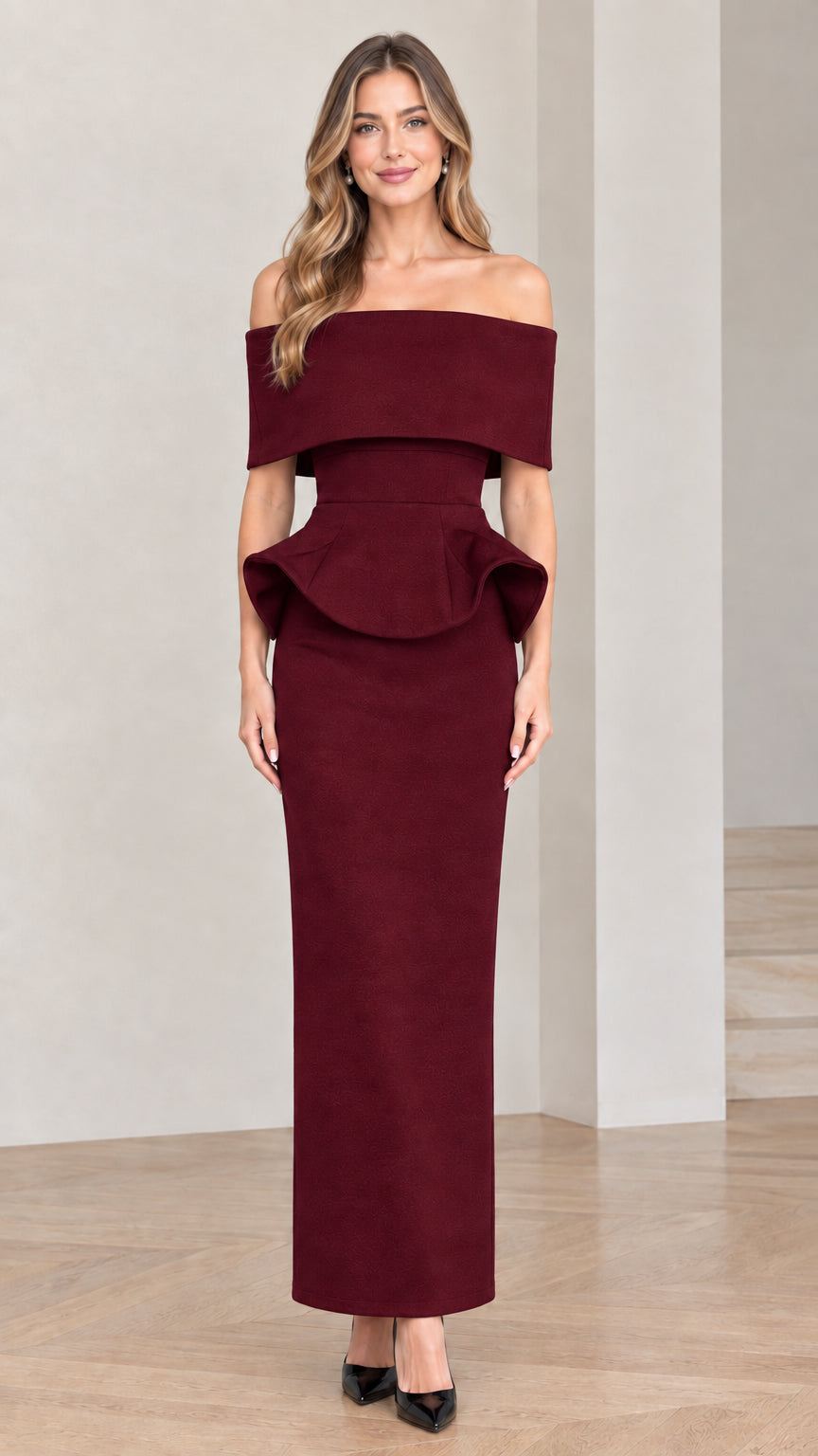 Burgundy wine red off-the-shoulder peplum column evening dress