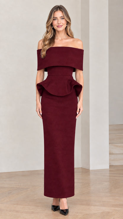 Burgundy wine red off-the-shoulder peplum column evening dress