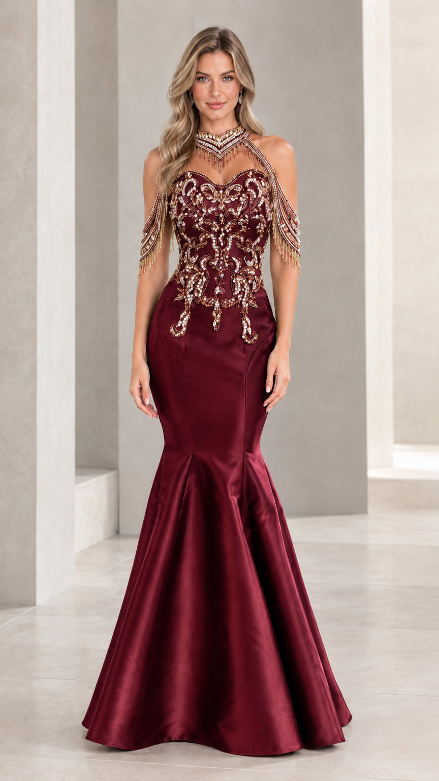Burgundy wine red beaded halter mermaid evening dress