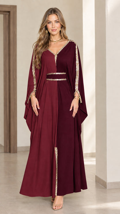 Two-tone burgundy and wine red kaftan maxi dress with gold embroidered trim