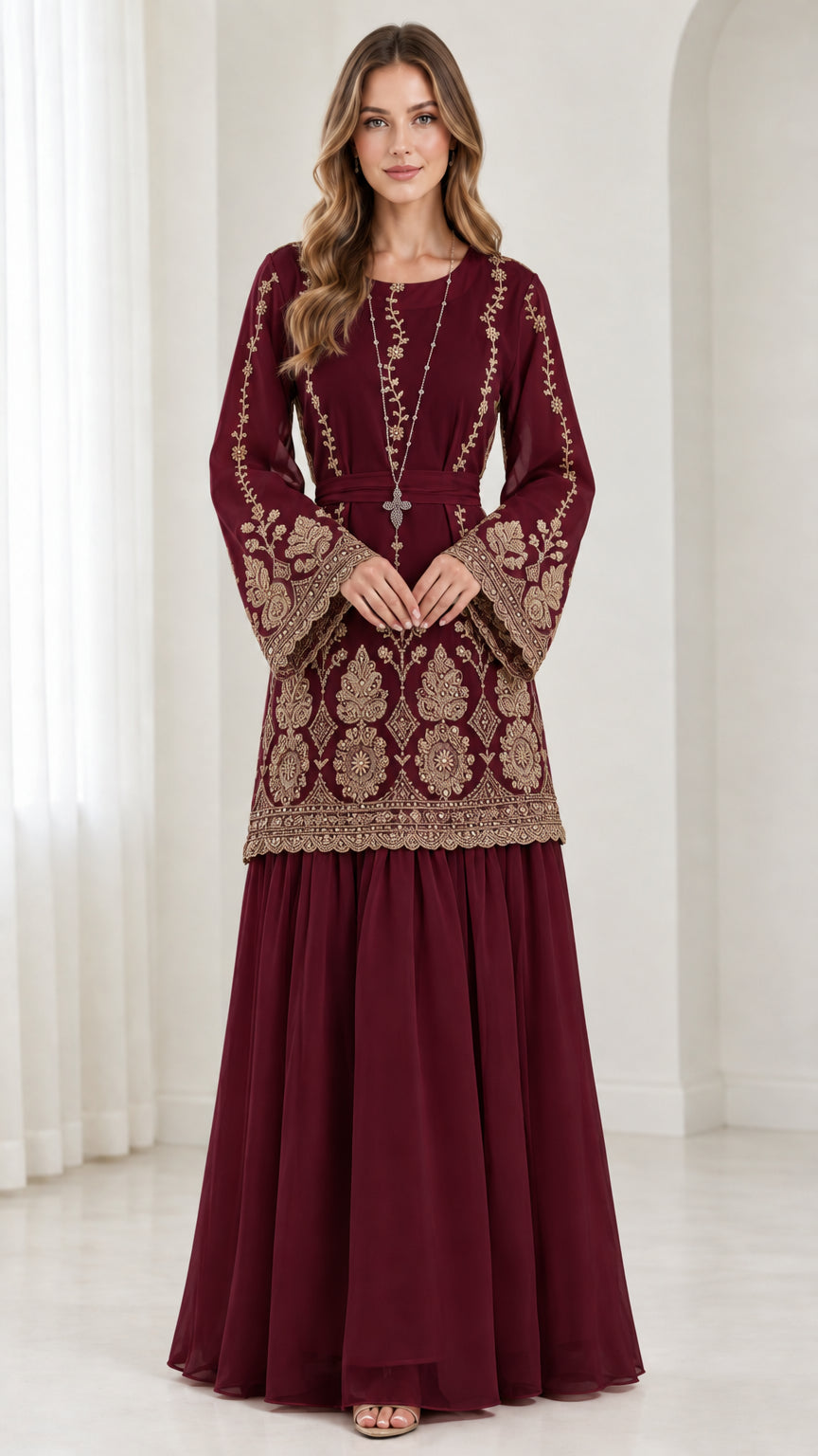 Burgundy red embroidered tunic and flowy maxi skirt evening set