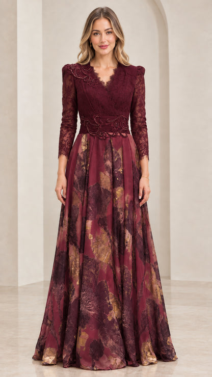 Front view of burgundy wine red lace bodice evening gown with printed skirt