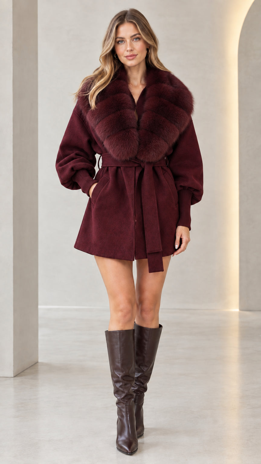 Front view of model wearing burgundy wine belted faux fur collar short coat