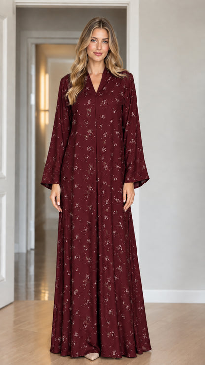 Model wearing Burgundy long sleeve floral modest maxi dress