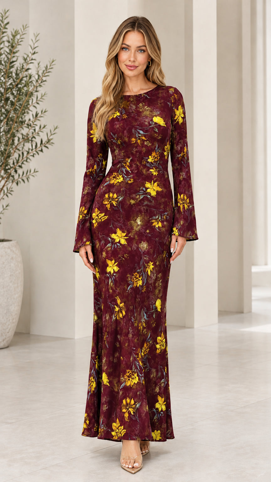 Front view of model wearing Burgundy flare sleeve floral maxi dress