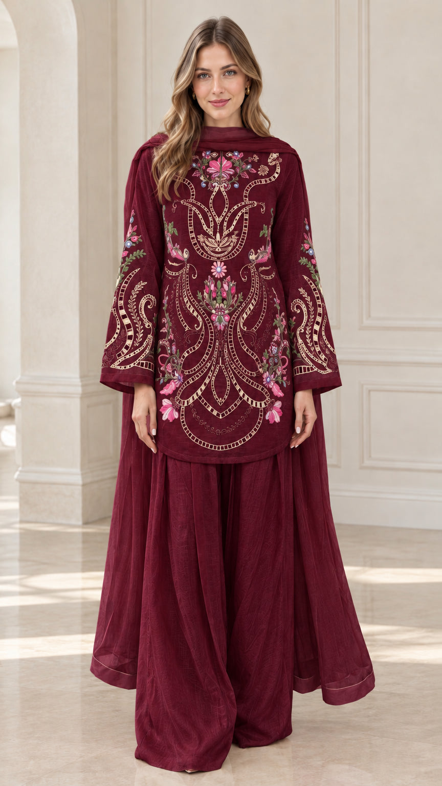 Woman wearing Burgundy wine floral embroidered kurti palazzo set