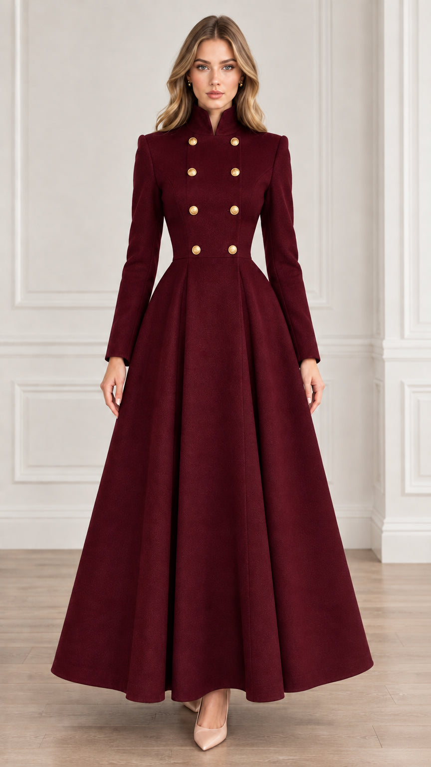 Front view of burgundy red double-breasted high neck flared maxi coat