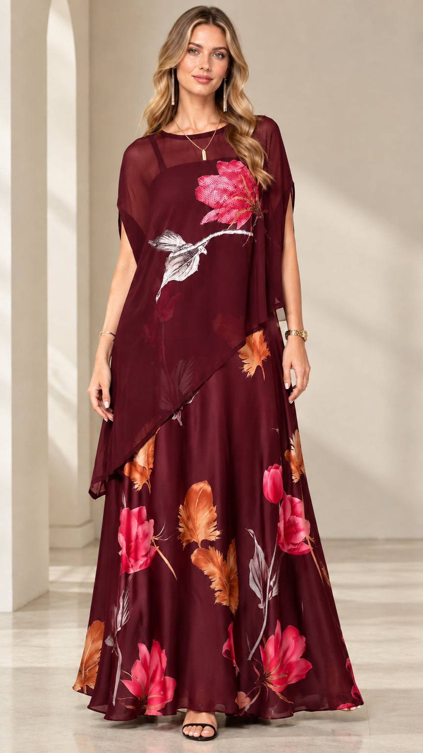 Burgundy floral print chiffon overlay maxi dress front view