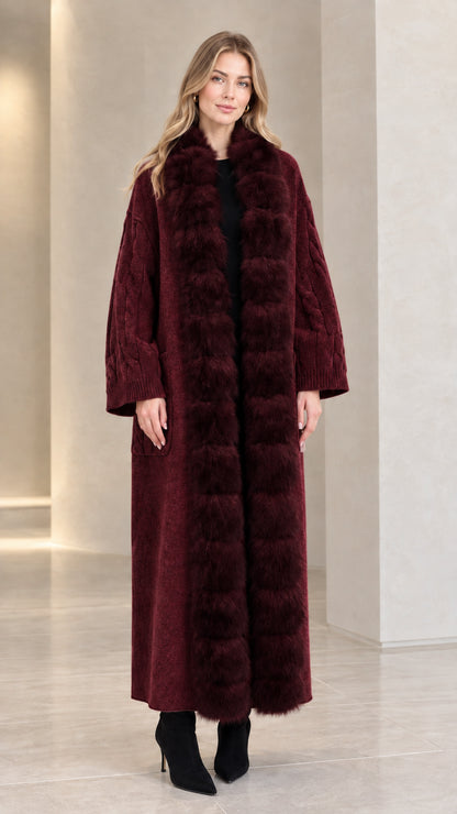 Front view of burgundy wine faux fur trim longline knit coat